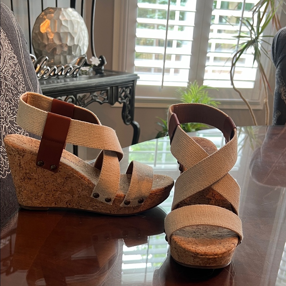 Lucky brand 
Elegant Tan Wedge Sandals